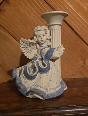SARAH'S ANGELS Cream and Blue Angel Figurine Candle Holder - Decorative Home Art